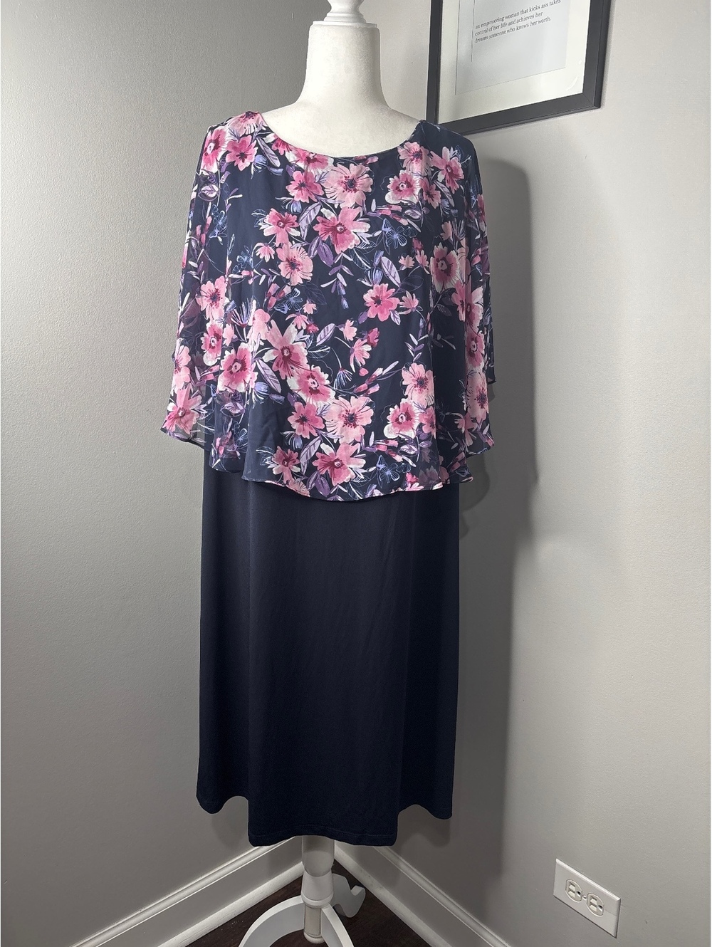 Studio Connection Women's Navy Blue Dress with Pink Floral Overlay Size 18W
